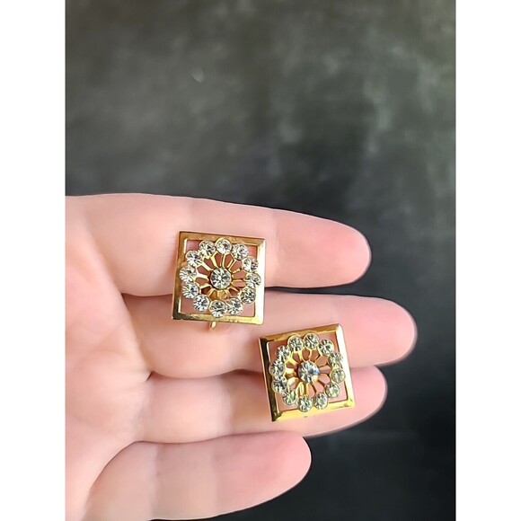 Square Shaped Clear Rhinestone Screwback Earrings Vintage - Picture 1 of 10